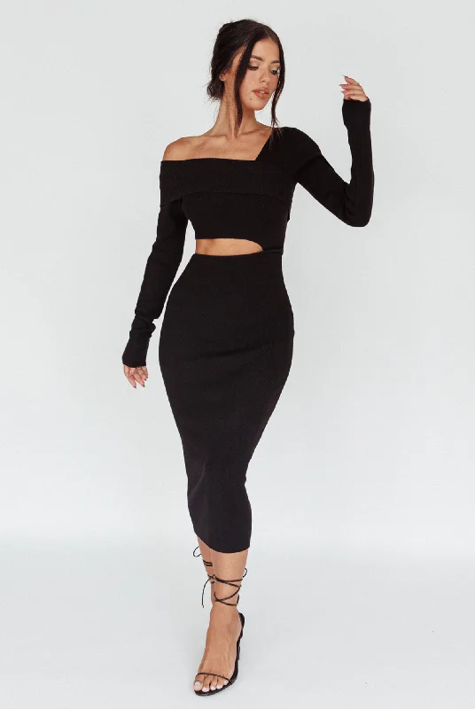 Tamar Long Sleeve One-Shoulder Midi Dress Black Stylish Midi Dress with Cuffs