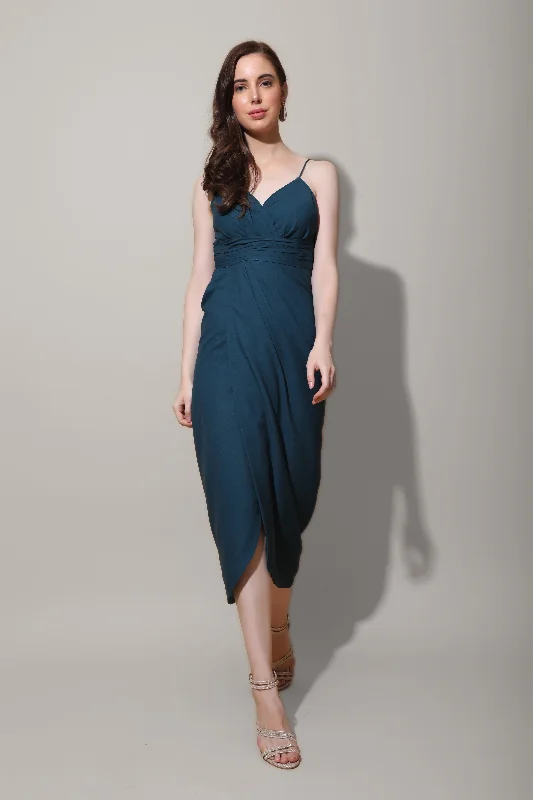 Teal Drape Midi Dress Stylish Satin Midi Dress