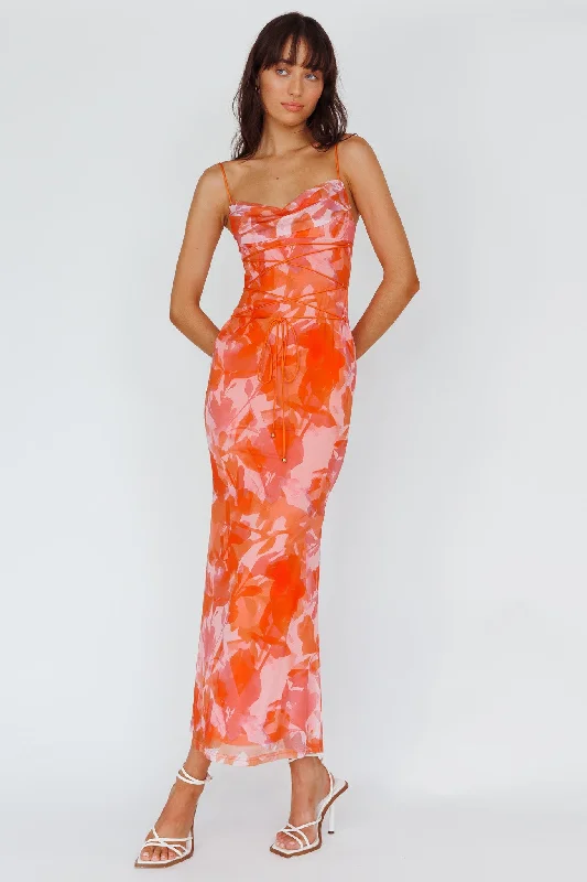 Teava Laced Waist Maxi Dress Print Floral Orange Elegant Pleated Maxi Dress