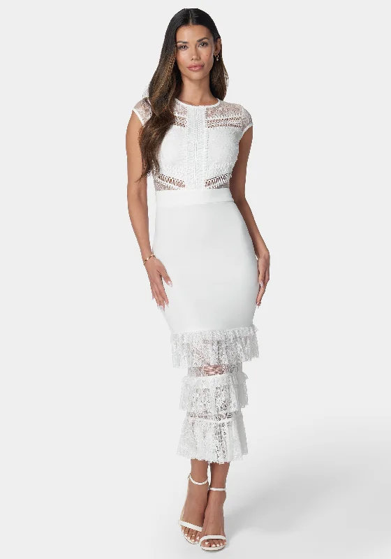 Tiered Lace Midi Dress Trendy Off-Shoulder Button Midi Dress