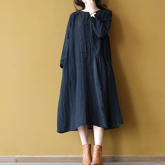 Top Quality Black Linen Dress Plus Size O Neck Cotton Maxi Dress Elegant Hollow Out Caftans ( Limited Stock) Classic Black Maxi Dress