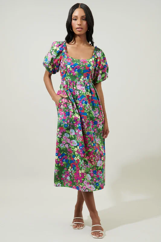 Trinity Floral Lullaby Balloon Sleeve Midi Dress Elegant Satin Button Midi Dress