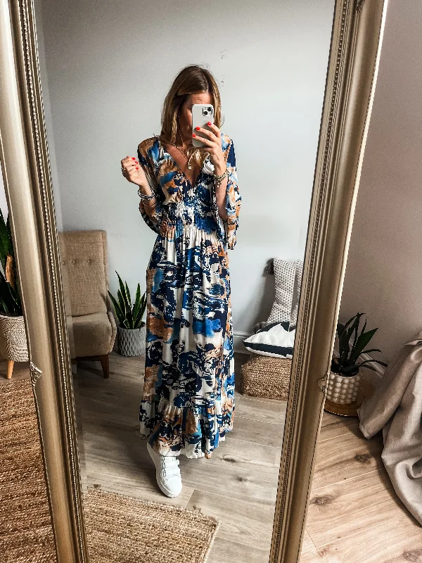 Tropical Print Shirred V-Neck Maxi Dress Comfortable Cotton Maxi Dress