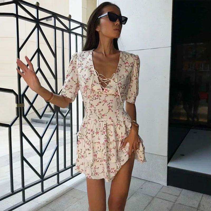 V-neck Lace Up Floral Mini Dress Women Ruffled Splice Beach Holiday Party Mini Dress Chic Tropical Mini Dress