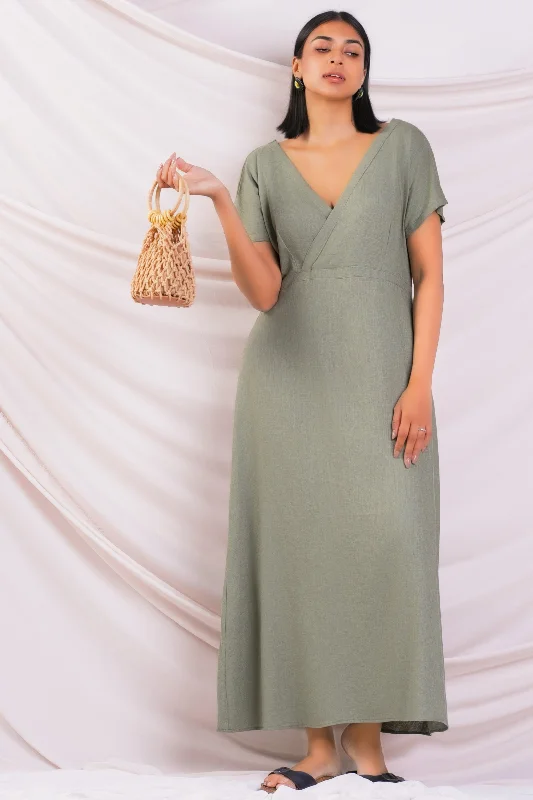 V Neck Linen Maxi Dress Cozy Maxi Dress with Slit