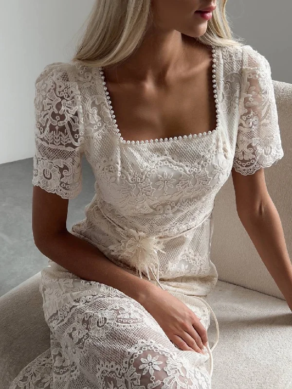 White Lotus Lace Midi Dress Fashionable Pleated Midi Dress