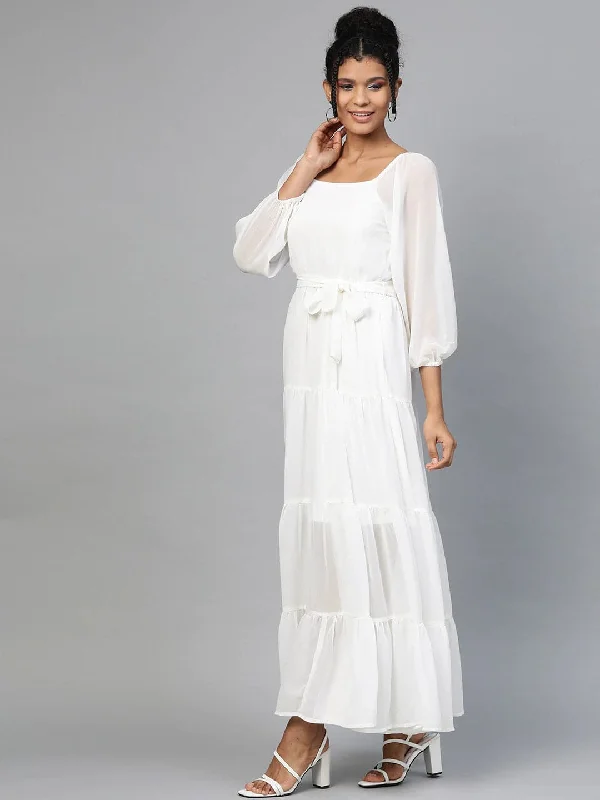 White Square Neck Tiered Maxi Dress Comfortable Bohemian Maxi Dress