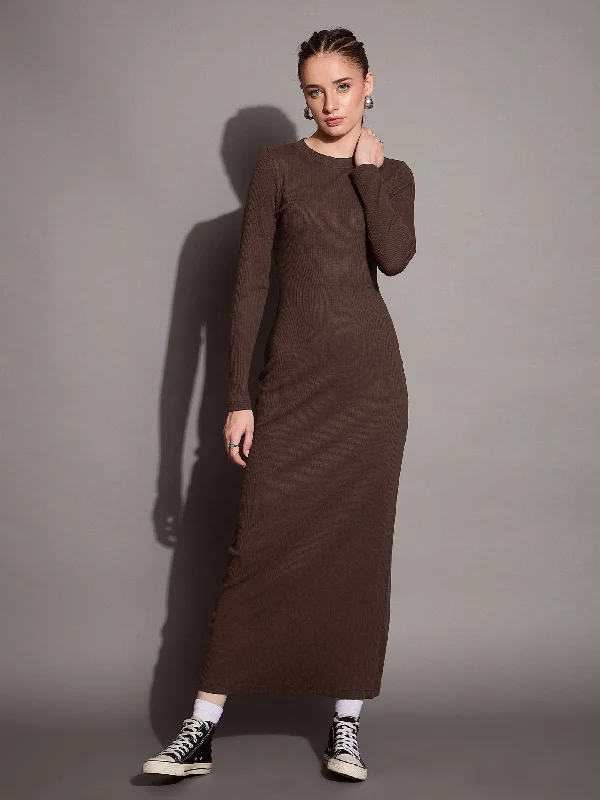 Women Brown Ribbed Bodycon Maxi Dress Fashionable Sheer Maxi Dress