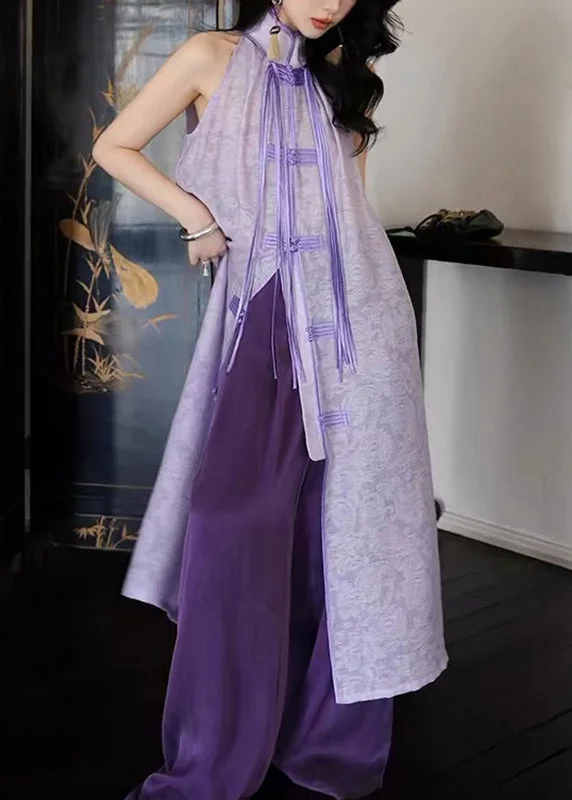 Women Purple Stand Collar Asymmetrical Button Tassel Maxi Dresses Summer UU1032 Fashionable High-Waist Maxi Dress