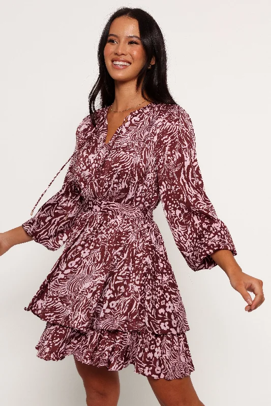 Wrenley Long Sleeve Mini Dress - Chocolate/Pink Cozy Long Sleeve Mini Dress