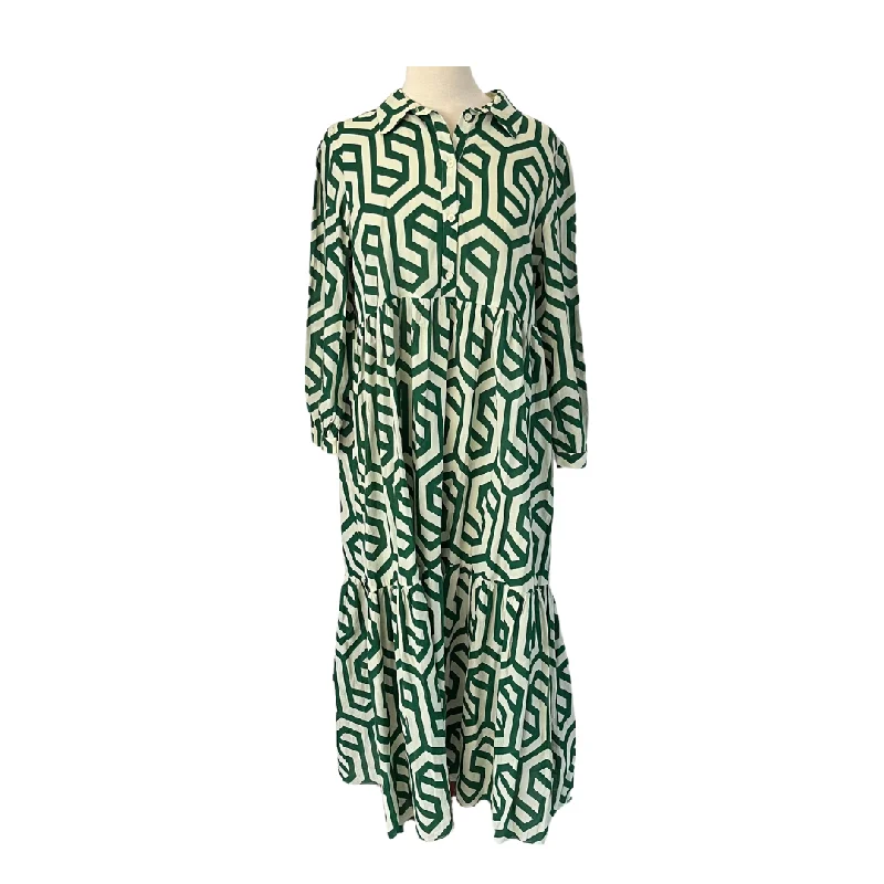 ZARA Green Printed Semi-sheer Collared Maxi Dress | Gently Used | Fashionable Button-Down Maxi Dress