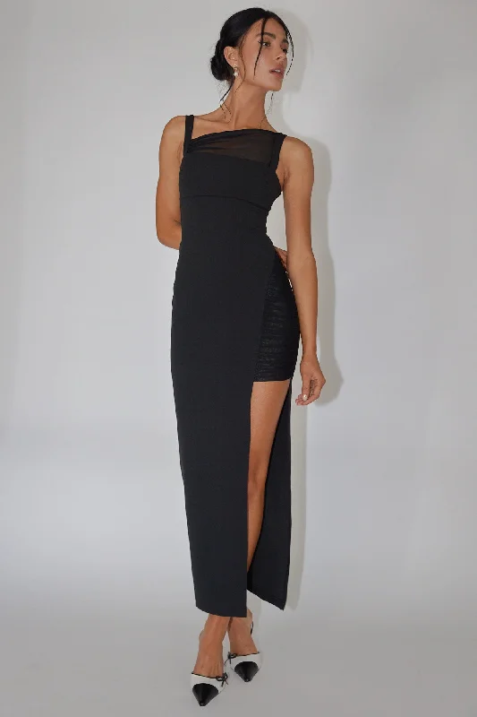 Zenya Split Ruched Midi Dress Black Trendy Square Neck Midi Dress