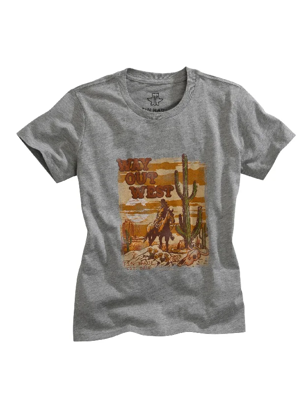 WOMENS WAY OUT WEST DESERT SCENERY SCREEN PRINT GREY SHORT SLEEVE T-SHIRT Welt Pockets Slit Pockets Flap Pockets