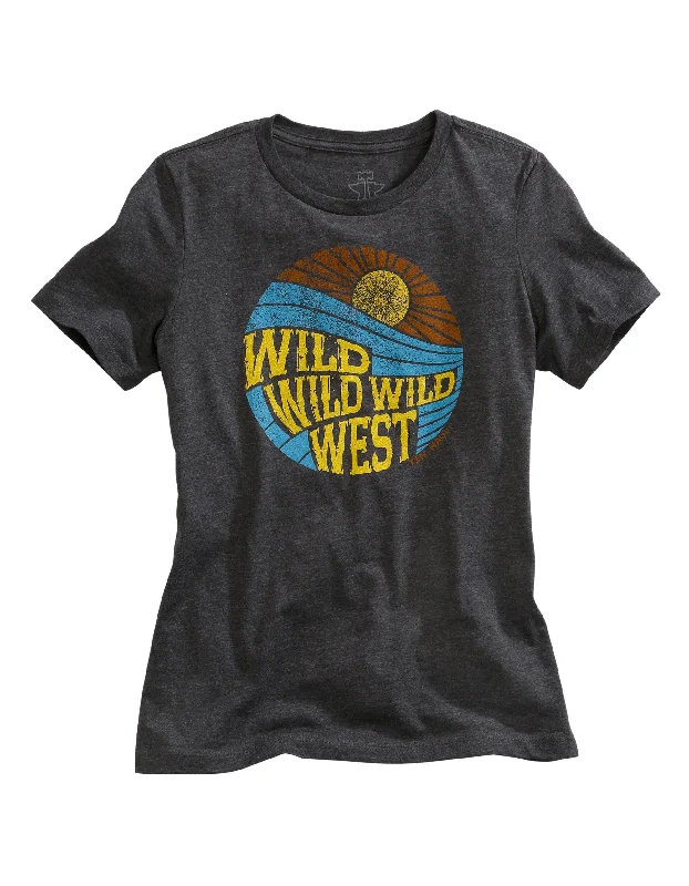 WOMENS WILD WILD WEST RETRO SCREEN PRINT DARK GREY SHORT SLEEVE T-SHIRT Knit Fabric Woven Fabric Fleece Fabric