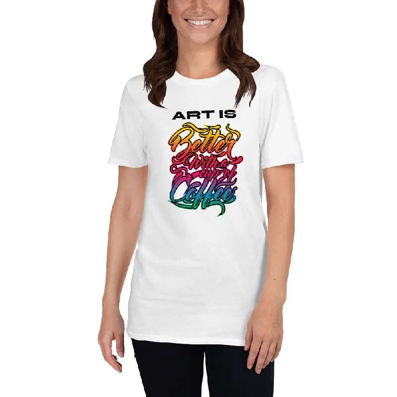 Art is Better with a Cup of Coffee Women's Basic T-Shirt Striped Floral Plaid