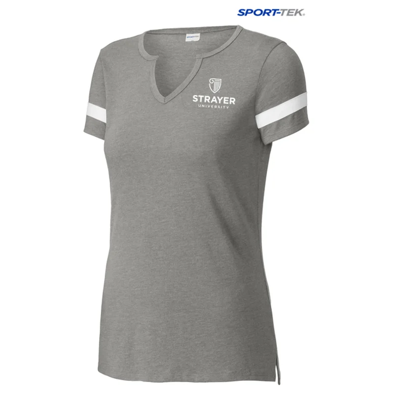 NEW STRAYER Sport-Tek® Ladies Halftime Notch Neck Tee - Vintage Heather/ White Fitted T-Shirt Seamless Stretchy