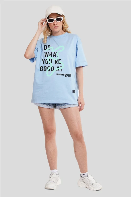 Do What You Are Good At Powder Blue Oversized Fit T-Shirt Women Striped Floral Plaid