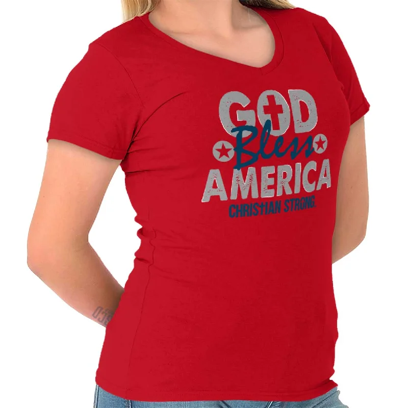 God Bless Patriotic Junior Fit V-Neck T-Shirt V-Neck T-Shirt Long Sleeve Cotton