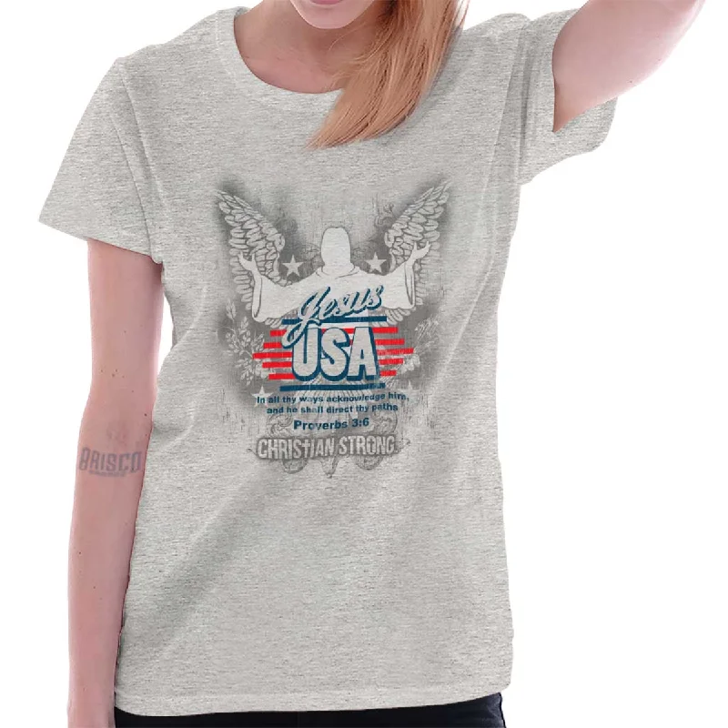 Jesus USA American God Christ Ladies T-Shirt Front Pockets Side Pockets Patch Pockets