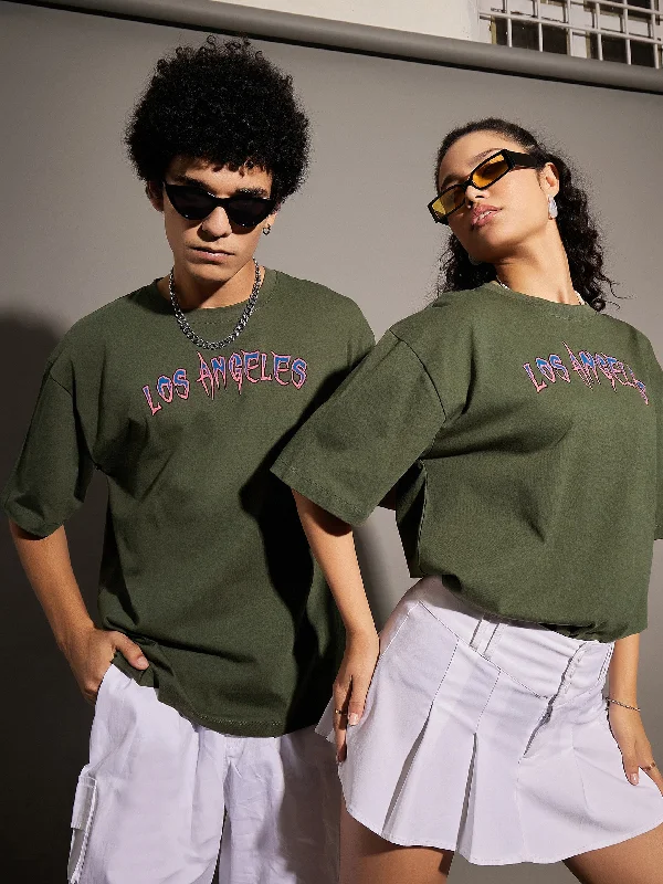 Lyush Olive LOS ANGELES Oversized T-Shirt Asymmetrical Pockets Print