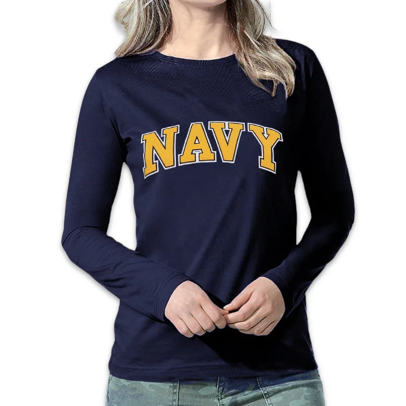 Navy Ladies Arch Scoop Neck Long Sleeve T-Shirt (Navy) Modern Contemporary Chic