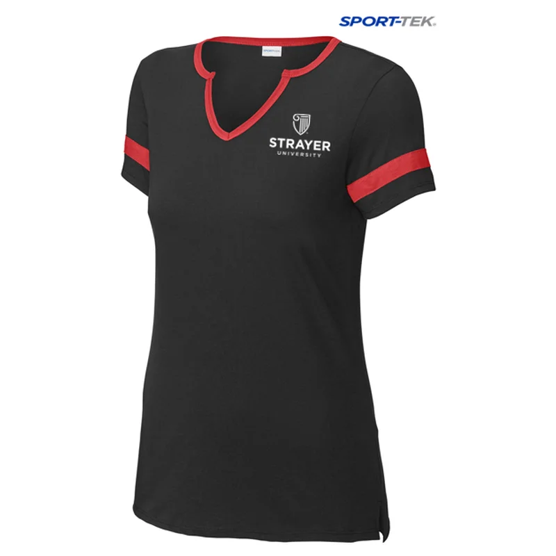 NEW STRAYER Sport-Tek® Ladies Halftime Notch Neck Tee - Black/ Deep Red Basic T-Shirt Crew Neck Short Sleeve