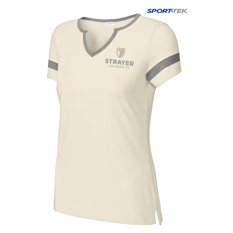 NEW STRAYER Sport-Tek® Ladies Halftime Notch Neck Tee - Ecru/ Vintage Heather Graphic T-Shirt Round Neck Polyester