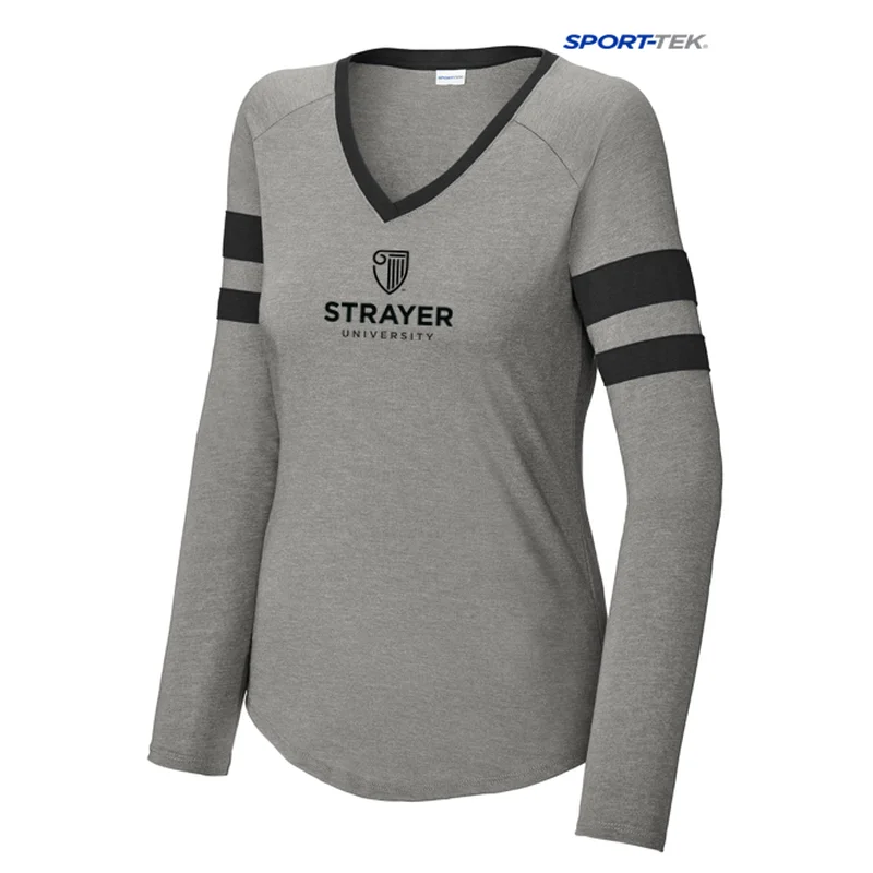 NEW STRAYER Sport-Tek® Ladies Halftime Stripe Long Sleeve V-Neck Tee - Black/ Vintage Heather Thin T-Shirt Open Front Quick Dry