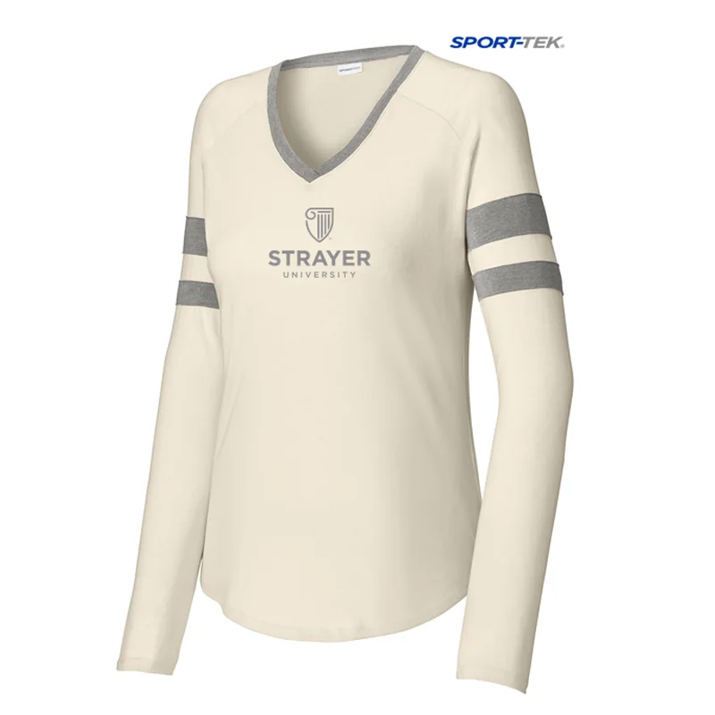 NEW STRAYER Sport-Tek® Ladies Halftime Stripe Long Sleeve V-Neck Tee - Vintage Heather/ Ecru Collared T-Shirt Boat Neck A-Line