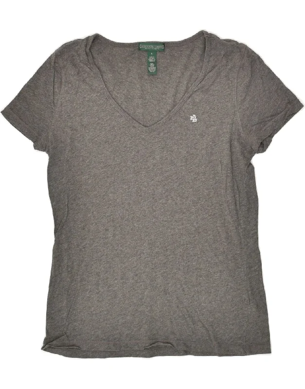 RALPH LAUREN Womens T-Shirt Top UK 10 Small Grey Cotton Satin Blend Silk Blend Wool Blend