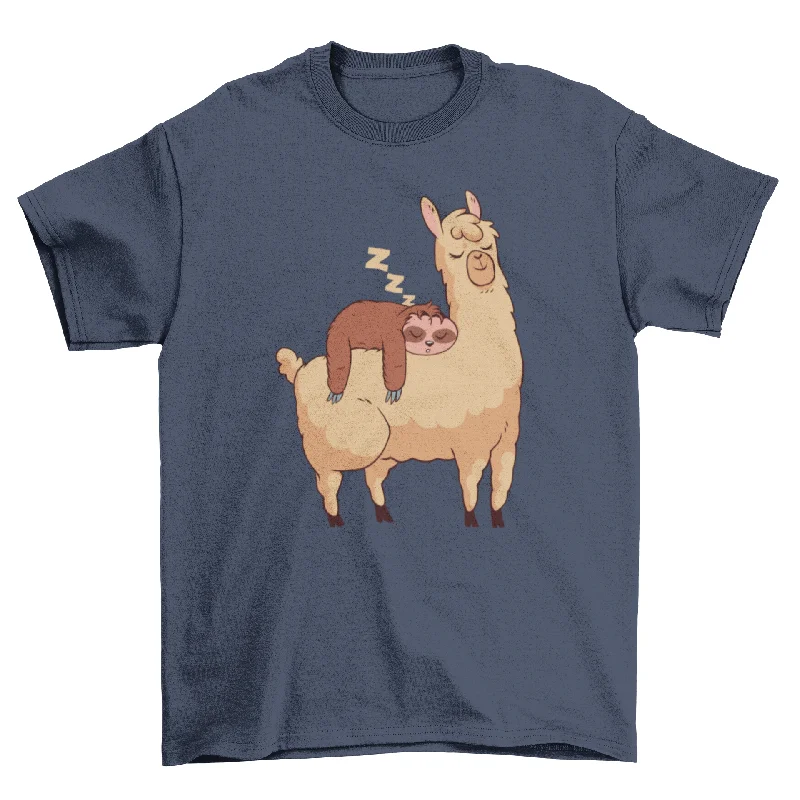 Sleeping Sloth Riding Llama Illustration T-shirt Asymmetrical Pockets Print