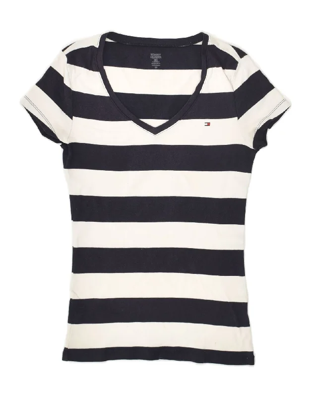 TOMMY HILFIGER Womens T-Shirt Top UK 10 Small Navy Blue Striped Cotton Spandex Blend Rayon Blend Denim Blend