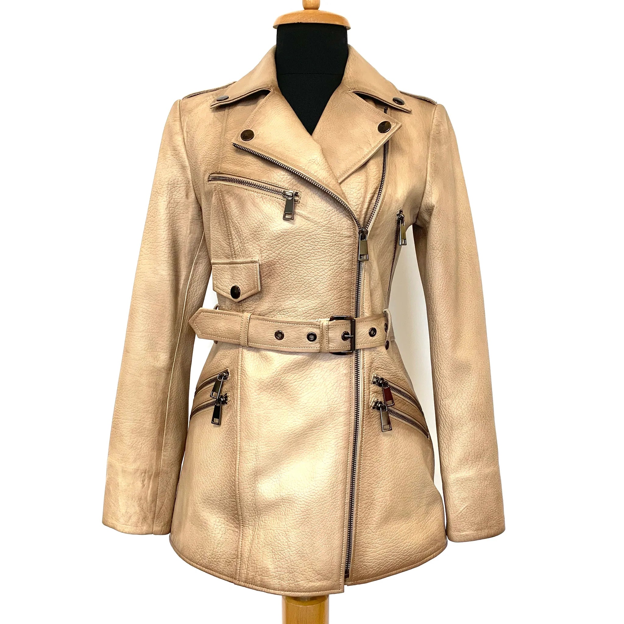 Ali's Long Motorcycle Trench Lambskin Jacket A-Line Jacket Boat Neck Shawl Collar