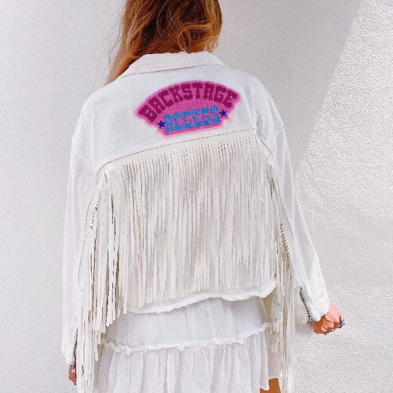 Backstage Access White Fringe Jacket Zippered Jacket Buttoned Jacket Snapped Jacket