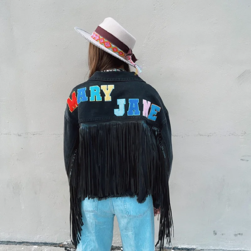 Black Mary Jane Fringe Denim Jacket Tailored Jacket Straight Jacket A-Line Jacket