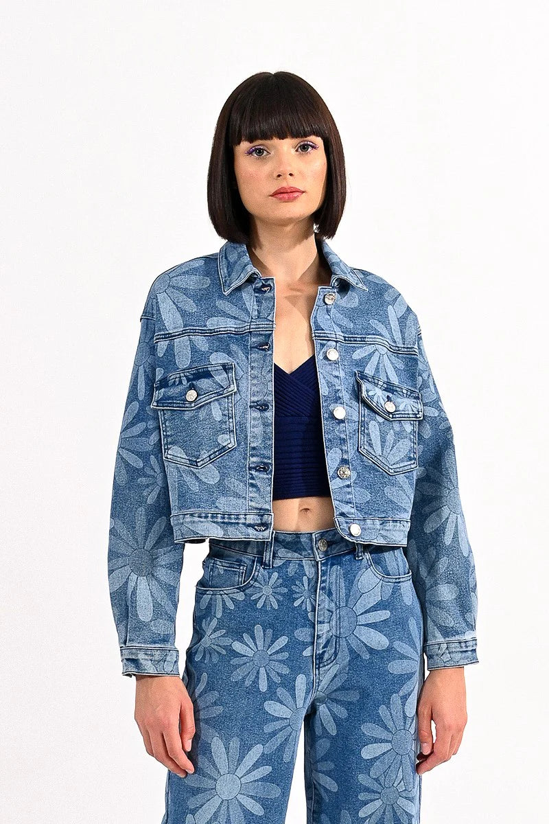 Daisy Print Denim Jacket Satin Fabric Silk Fabric Chiffon Fabric