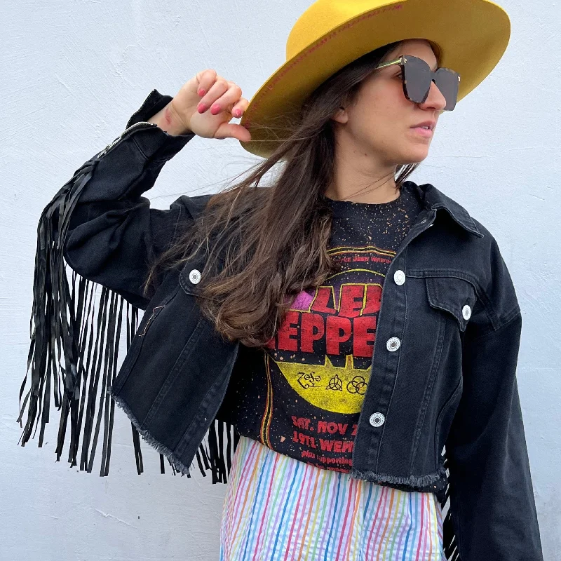 Get Rowdy Fringe Denim Jacket Knit Fabric Woven Fabric Fleece Fabric