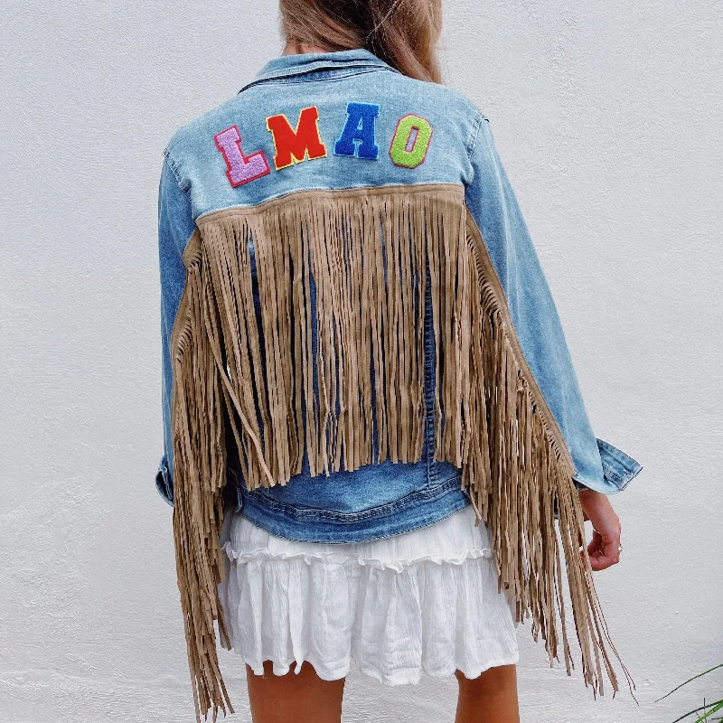 LMAO Denim Fringe Jacket Print Jacket Jacquard Jacket Patchwork Jacket