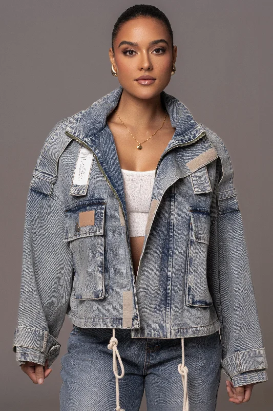 Medium Wash Esther Utility Denim Jacket Fleece Jacket Down Jacket Feather Jacket