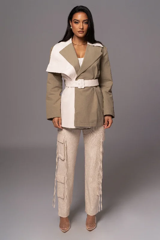 Olive Color Block Summit Belted Jacket One-Shoulder Jacket Off-the-Shoulder Jacket Asymmetrical Jacket