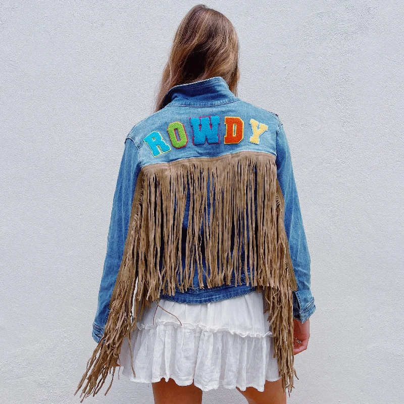 ROWDY Denim Brown Leather Fringe Jacket V-Neck Jacket Boat Neck Jacket Square Neck Jacket