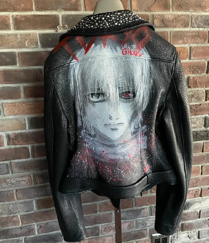 Tokyo Ghoul Hand Painted Motorcycle Jacket Hooded Jacket Caped Jacket Shawl Collar Jacket