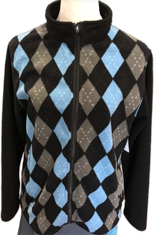 Sun Mountain Black & Blue Argyle Fleece Jacket Size L Boat Neck Shawl Collar Notched Collar