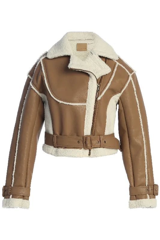 Tan Faux Leather Sherpa Jacket Knit Jacket Woven Jacket Fleece Jacket