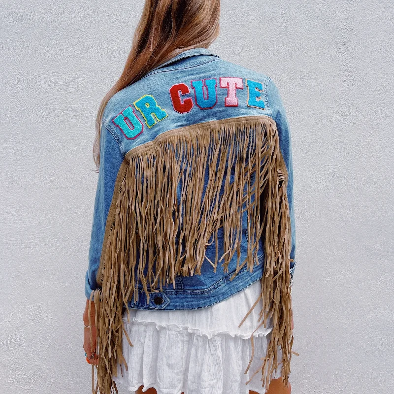 UR CUTE Denim Brown Leather Fringe Jacket Denim Fabric Leather Fabric Suede Fabric