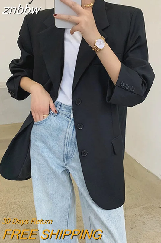 znbbw 2023 Autum Oversize Long Sleeve Black Women Blazer Normcore Style BF Pocket Jackets Coat Office Lady Work Female Clothing Welt Pockets Slit Pockets Flap Pockets