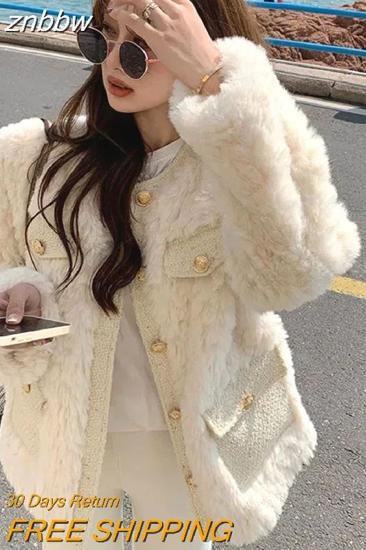 znbbw Autumn Korean Fashion Lamb Wool Coats Luxury Women Streetwear O-Neck Faux Fur Jackets Female Winter Thick Warm Plush Coat Lace Jacket Ribbed Jacket Sequined Jacket