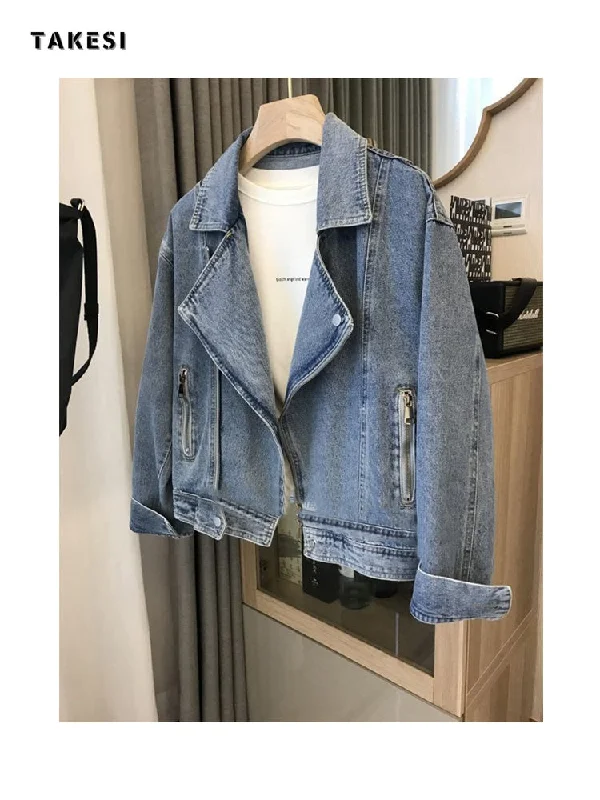 znbbw Jacket For Women Vintage Locomotive Lapel Zippers Jacket Fashion High Street Casual All-match Denim Blazer Coat Streetwear Nylon Jacket Polyester Jacket Spandex Jacket