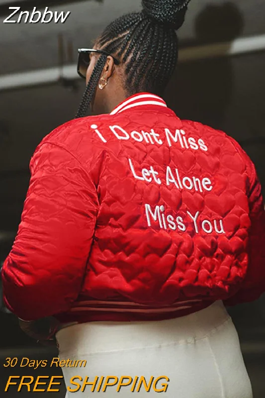 Znbbw Letter Embroidered Back Cropped Baseball Jackets Women Stand Collar Single Breasted Winter Quilted Coats Streetwear Hoodie Zip-Up Jacket Button-Up Jacket