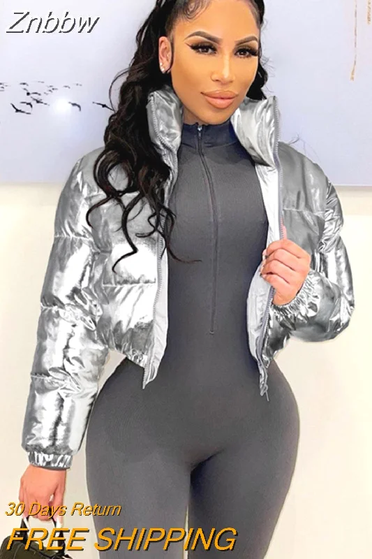 Znbbw Silver Metallic Y2K Fashion Parkas Winter Clothes Women Stand Collar Crop Puffer Jacket Streetwear Warm Thicken Coats Ribbed Jacket Pleated Jacket Ruffled Jacket